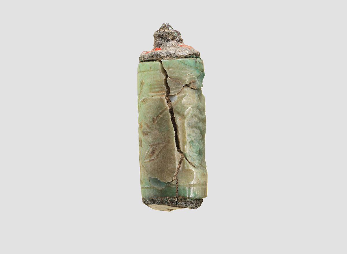 Cylinder seal (with caps preserved) with cultic scene, Variegated blue-green Chalcedony (Quartz), color possibly enhanced with heat and/or dye, with copper/bronze caps, Assyrian