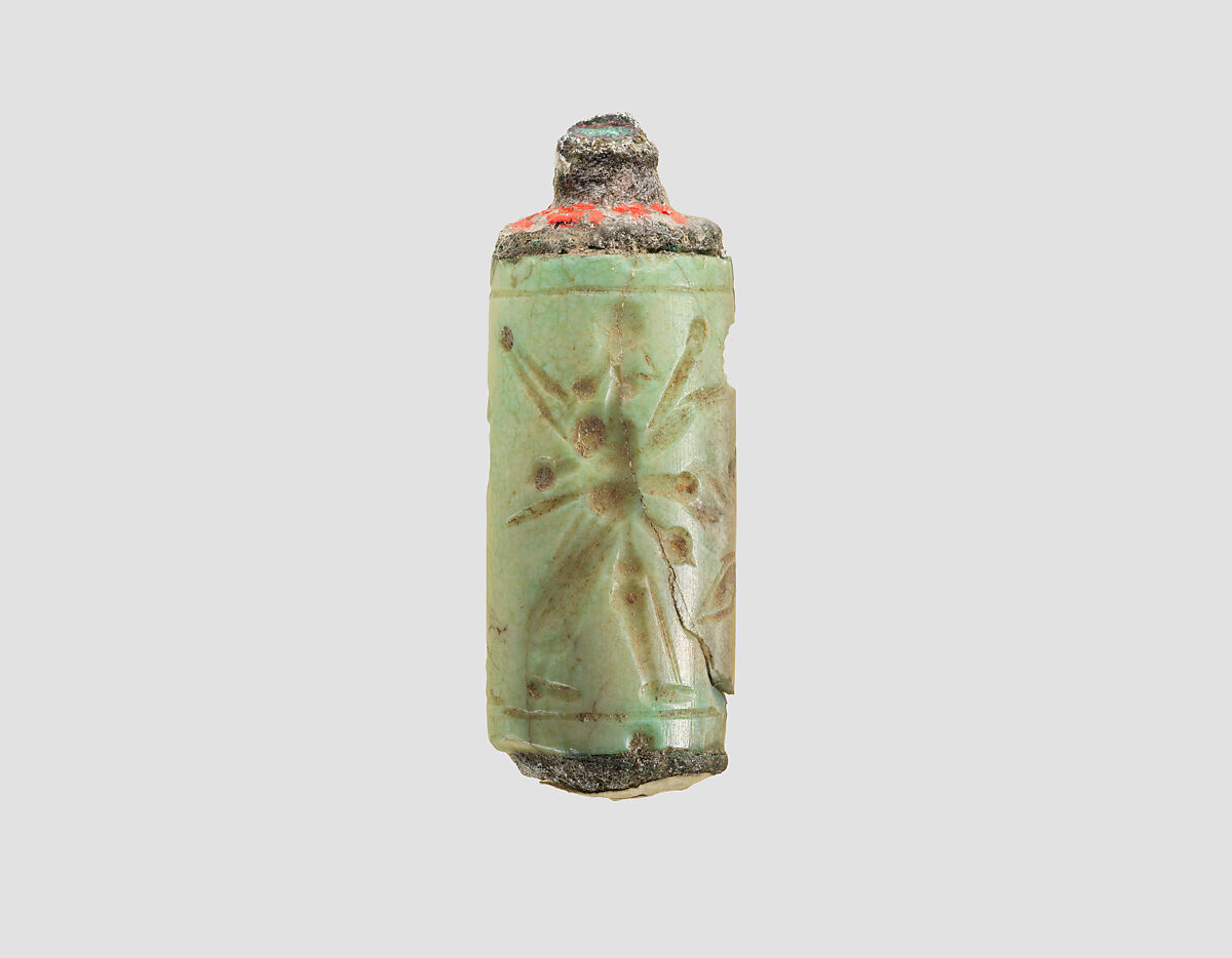 Cylinder seal (with caps preserved) with cultic scene, Variegated blue-green Chalcedony (Quartz), color possibly enhanced with heat and/or dye, with copper/bronze caps, Assyrian
