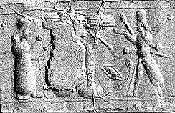Cylinder seal (with caps preserved) with cultic scene, Variegated blue-green Chalcedony (Quartz), color possibly enhanced with heat and/or dye, with copper/bronze caps, Assyrian 