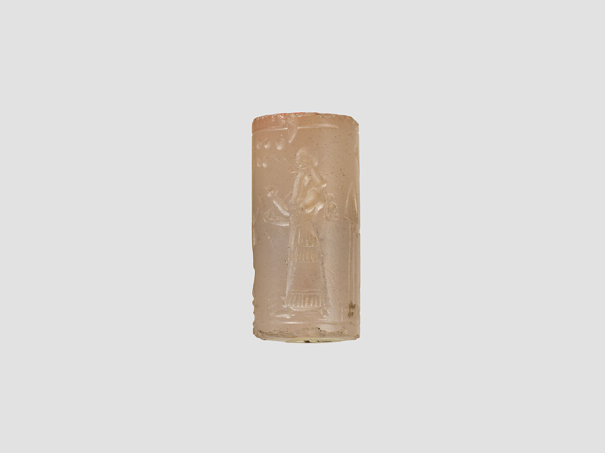 Cylinder seal with cultic scene, Neutral Chalcedony (Quartz), Assyrian