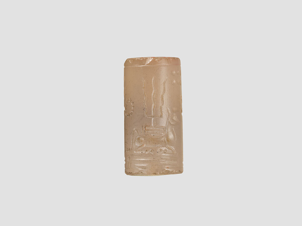 Cylinder seal with cultic scene, Neutral Chalcedony (Quartz), Assyrian