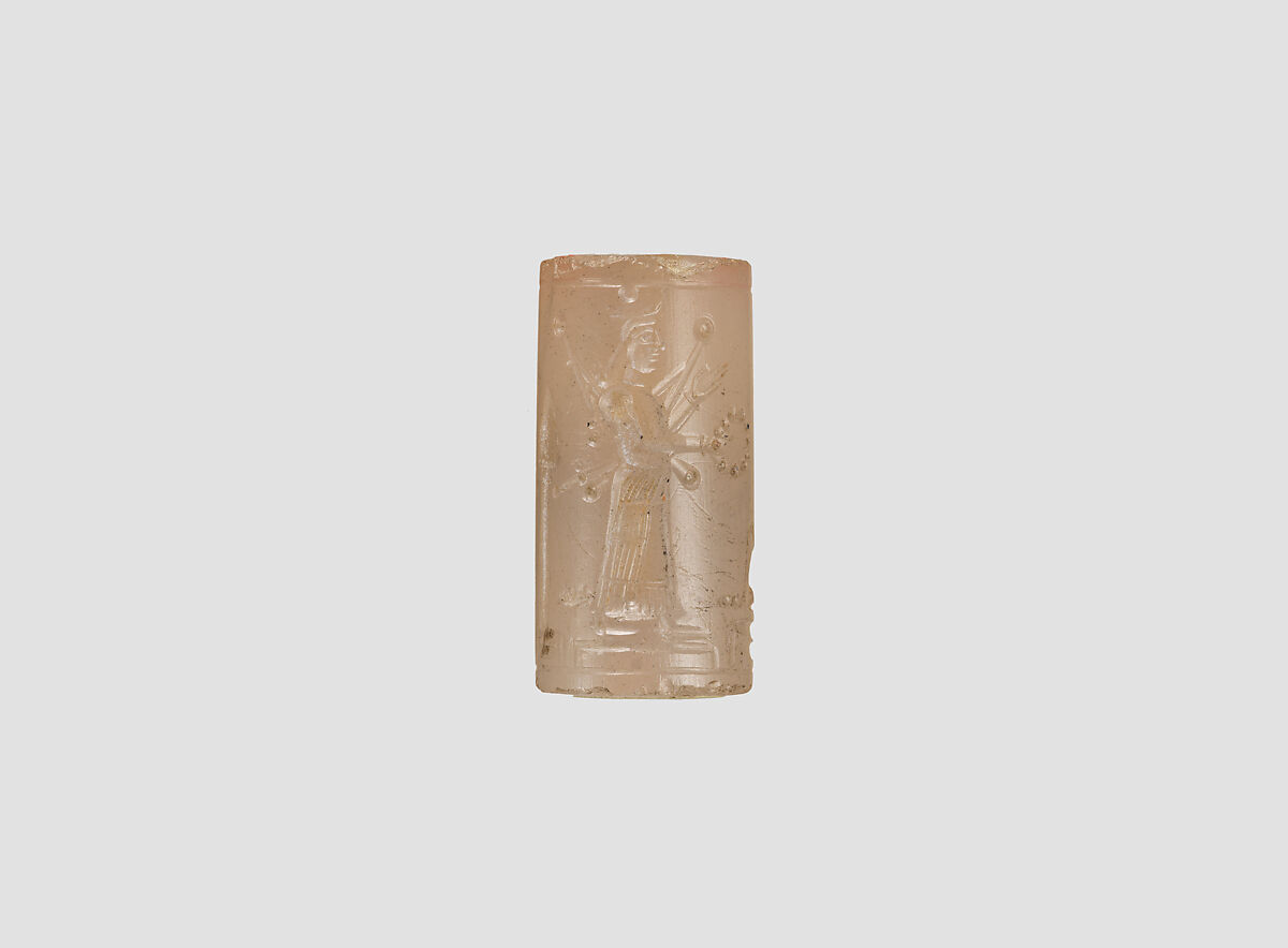 Cylinder seal with cultic scene, Neutral Chalcedony (Quartz), Assyrian