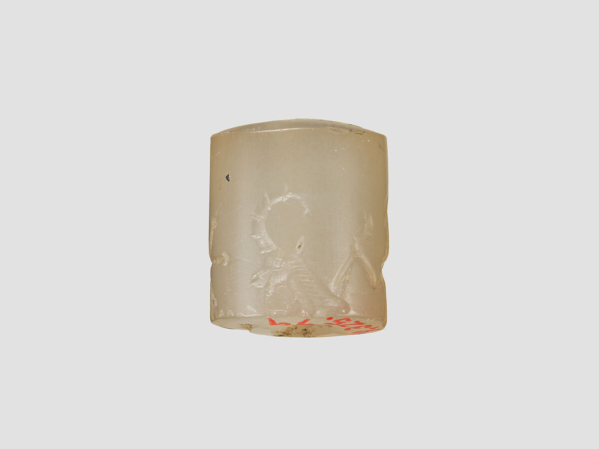Cylinder seal with three-figure contest scene, Neutral Chalcedony (Quartz), Assyro-Babylonian