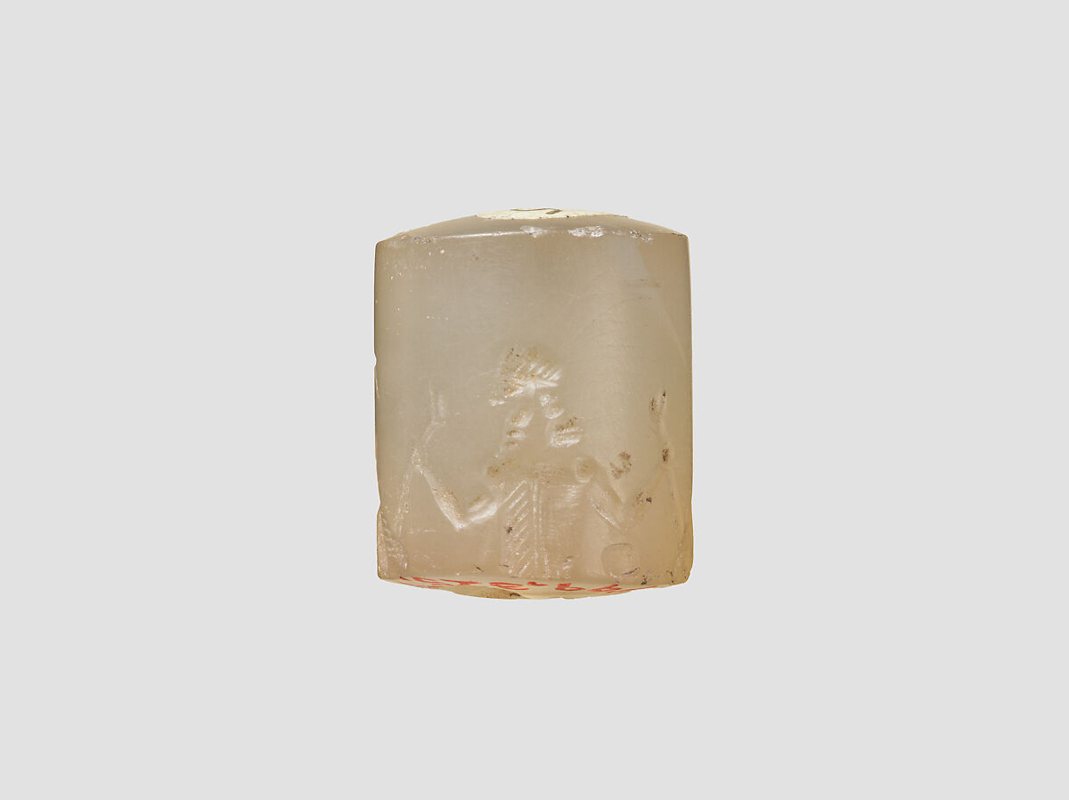 Cylinder seal with three-figure contest scene, Neutral Chalcedony (Quartz), Assyro-Babylonian