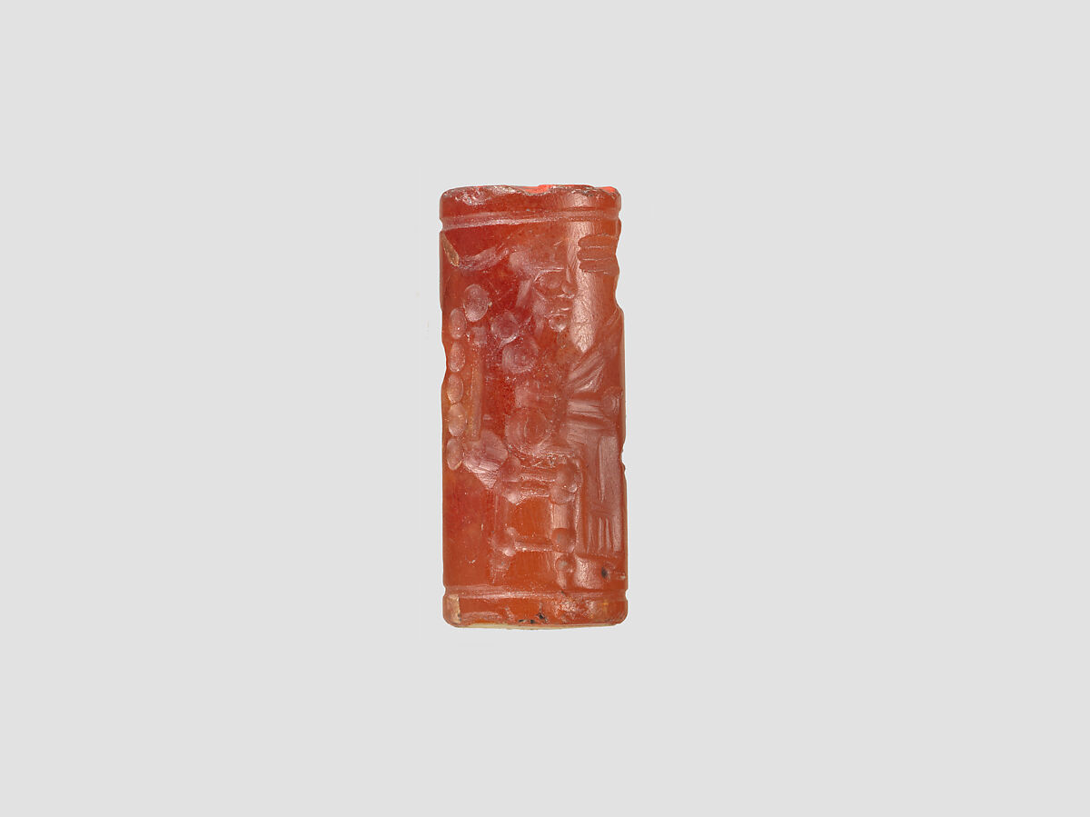 Cylinder seal with cultic scene, Flawed Carnelian (Quartz), Assyrian