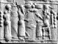 Cylinder seal with cultic scene, Flawed Carnelian (Quartz), Assyrian 