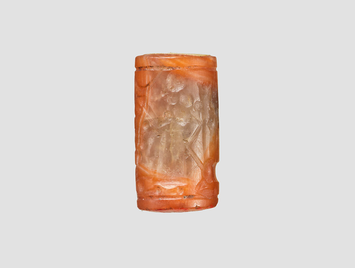 Cylinder seal with cultic scene, Variegated and flawed orange and neutral Chalcedony (Quartz), Assyrian