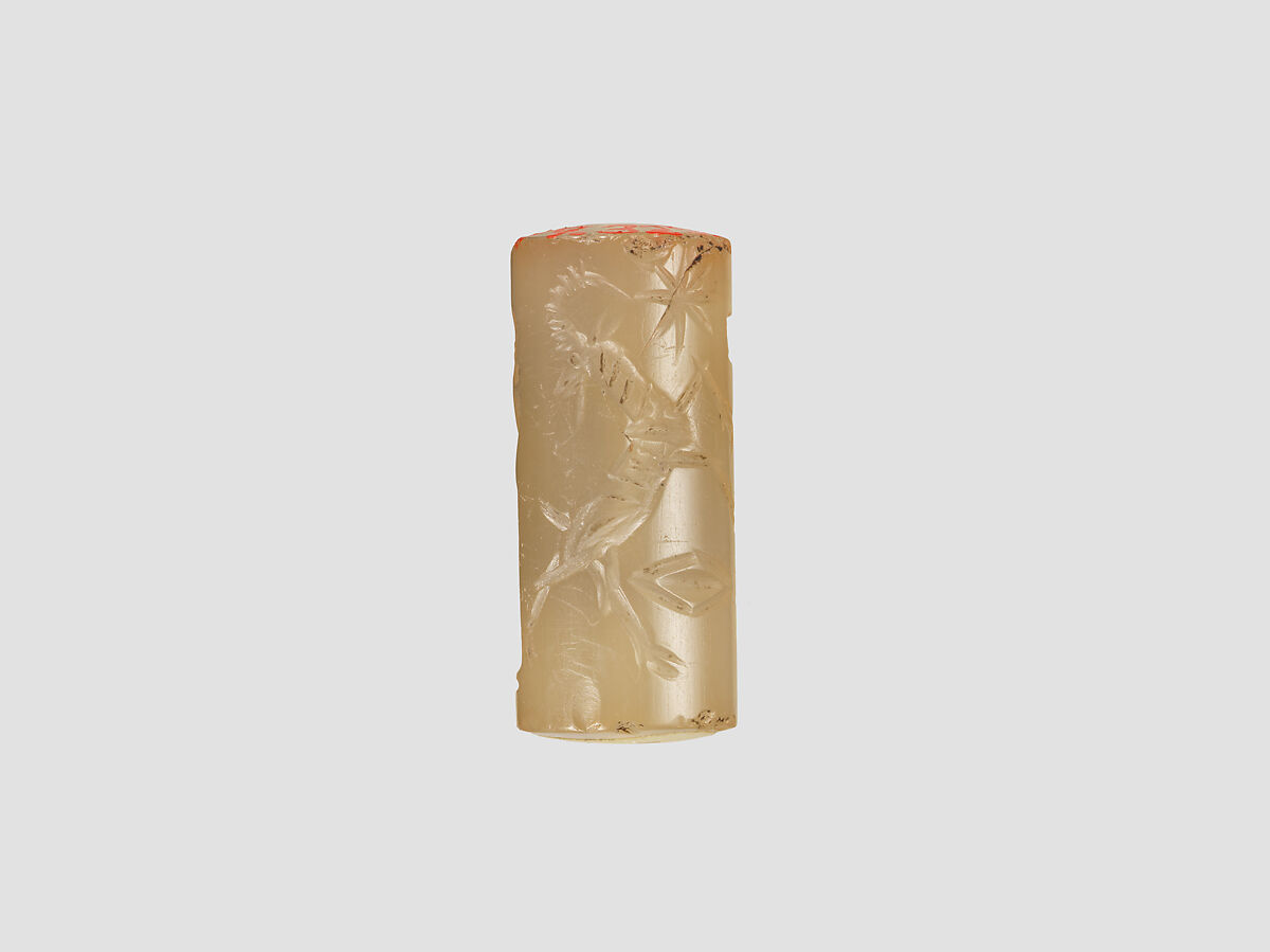 Cylinder seal with cultic scene, Neutral Chalcedony (Quartz), Assyrian