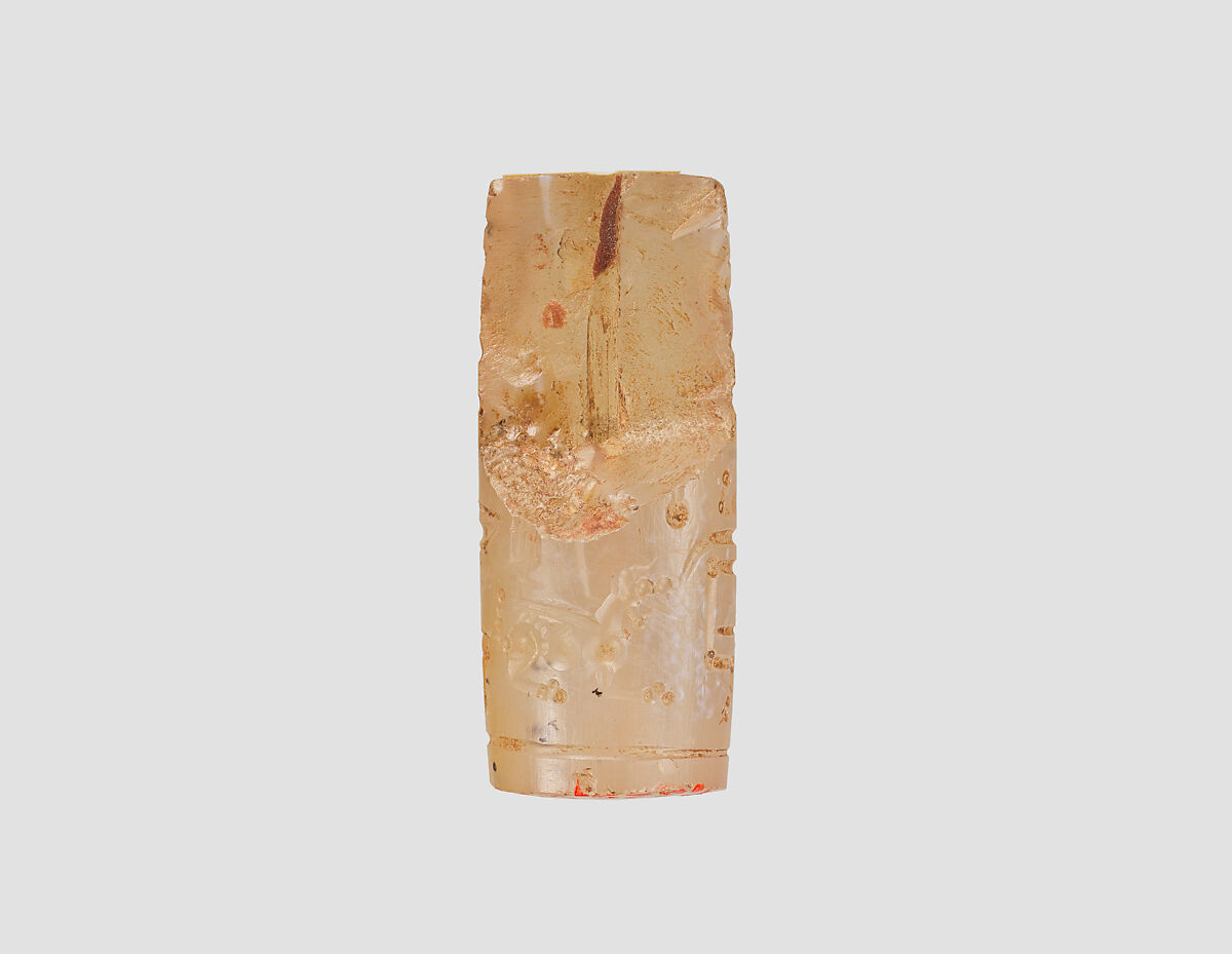 Cylinder seal with cultic scene, Neutral Chalcedony (Quartz), Assyrian