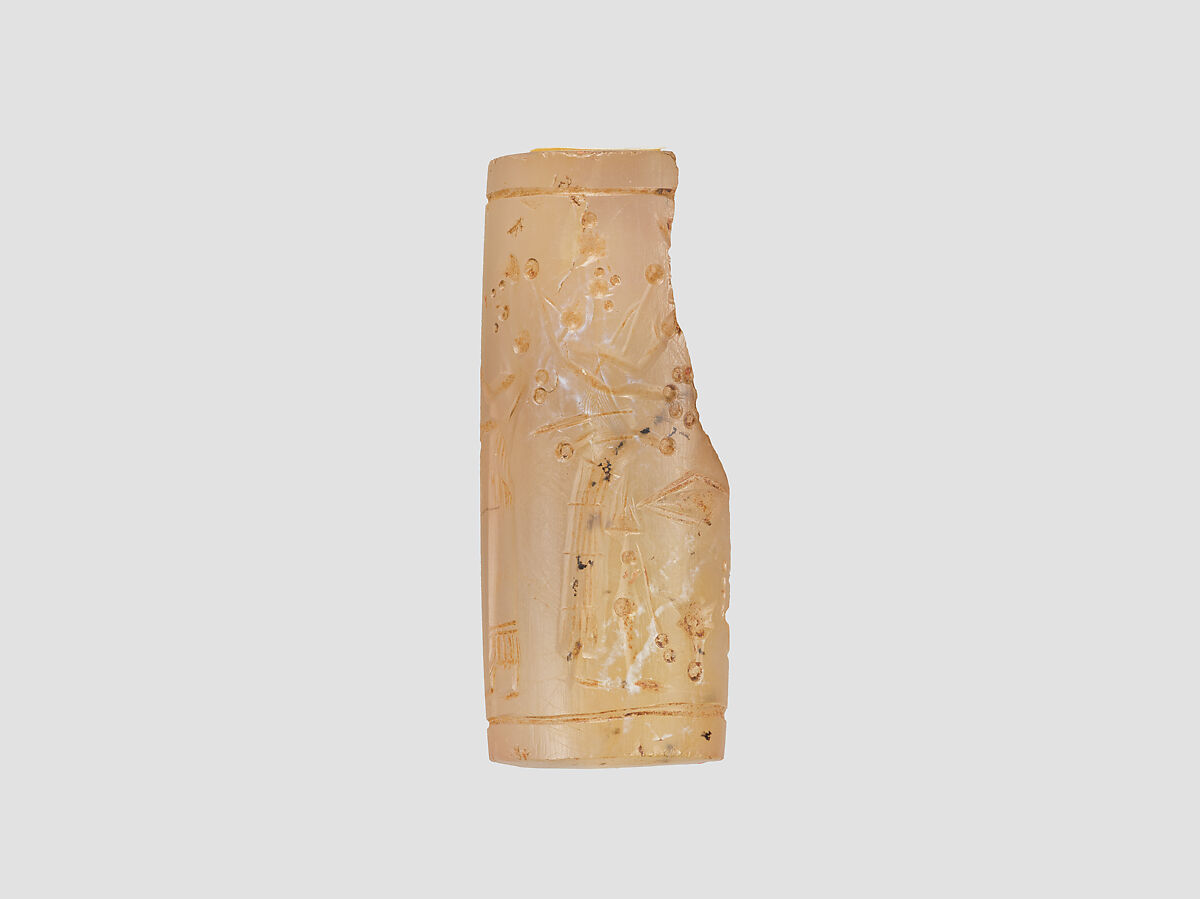 Cylinder seal with cultic scene, Neutral Chalcedony (Quartz), Assyrian