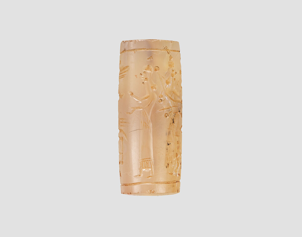 Cylinder seal with cultic scene, Neutral Chalcedony (Quartz), Assyrian