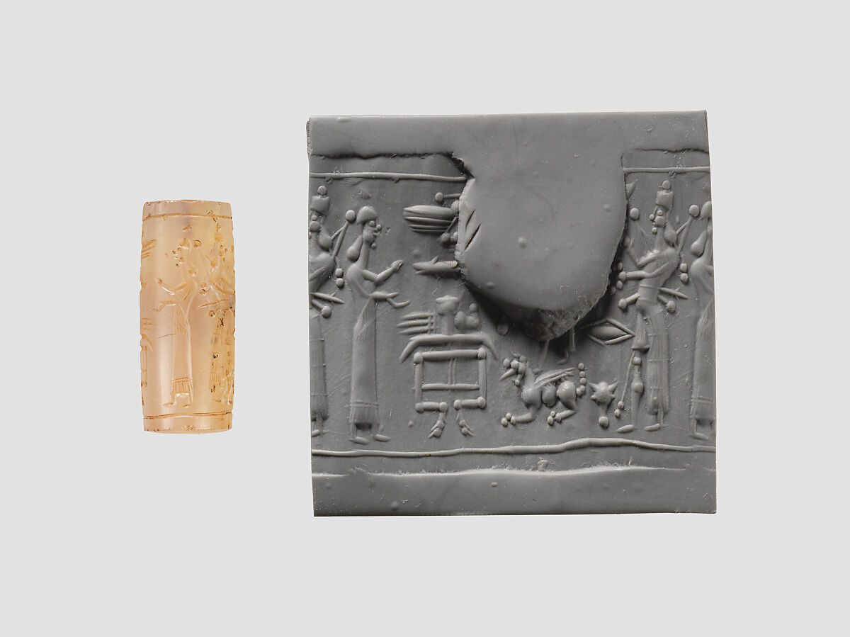 Cylinder seal with cultic scene, Neutral Chalcedony (Quartz), Assyrian 