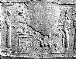 Cylinder seal with cultic scene, Neutral Chalcedony (Quartz), Assyrian 