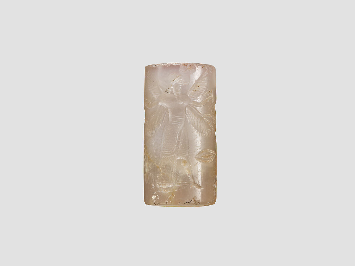 Cylinder seal with three-figure contest scene, Veined and flawed neutral Chalcedony (Quartz), Babylonian