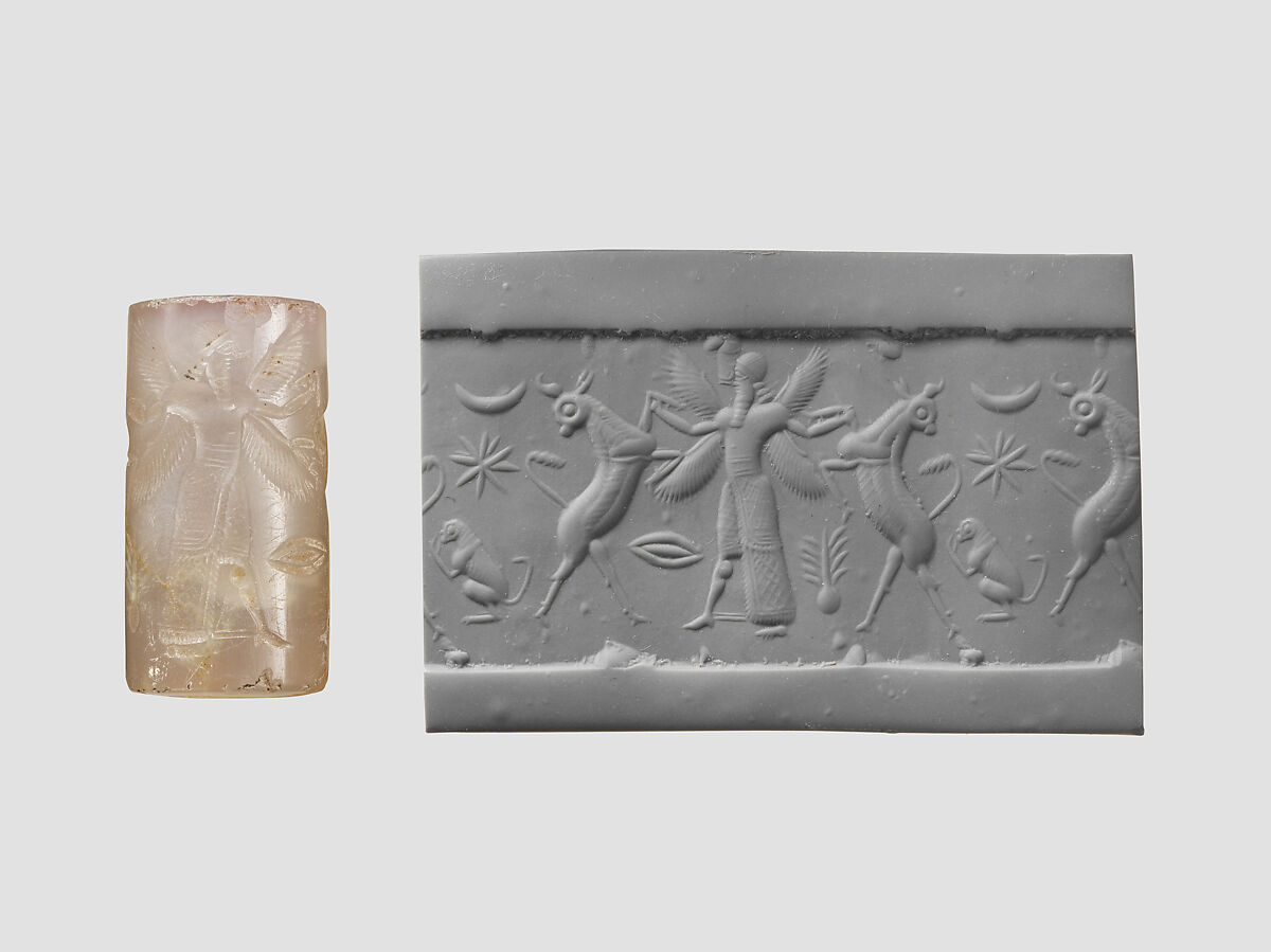 Cylinder seal with three-figure contest scene, Veined and flawed neutral Chalcedony (Quartz), Babylonian 