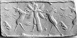 Cylinder seal with three-figure contest scene, Veined and flawed neutral Chalcedony (Quartz), Babylonian 