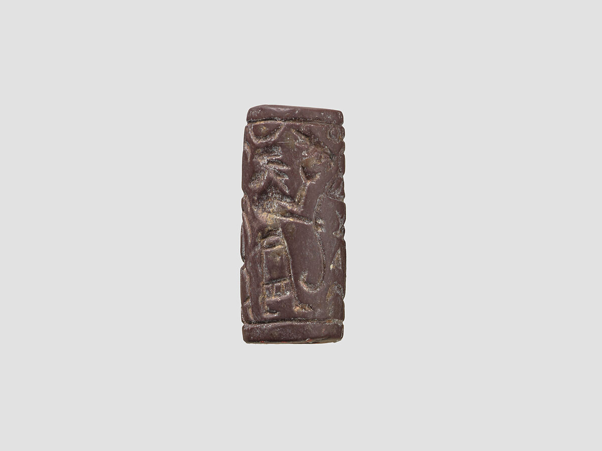 Cylinder seal with cultic scene, Variegated brown and white Limestone, Assyrian