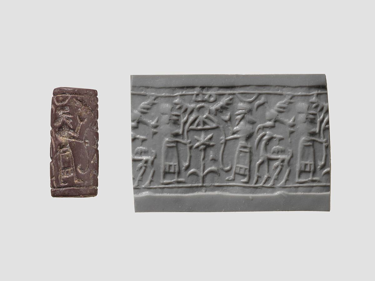 Cylinder seal with cultic scene, Variegated brown and white Limestone, Assyrian 