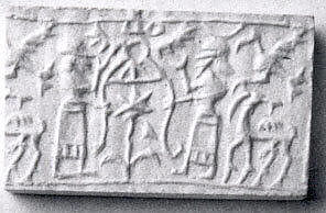 Cylinder seal with cultic scene, Variegated brown and white Limestone, Assyrian 
