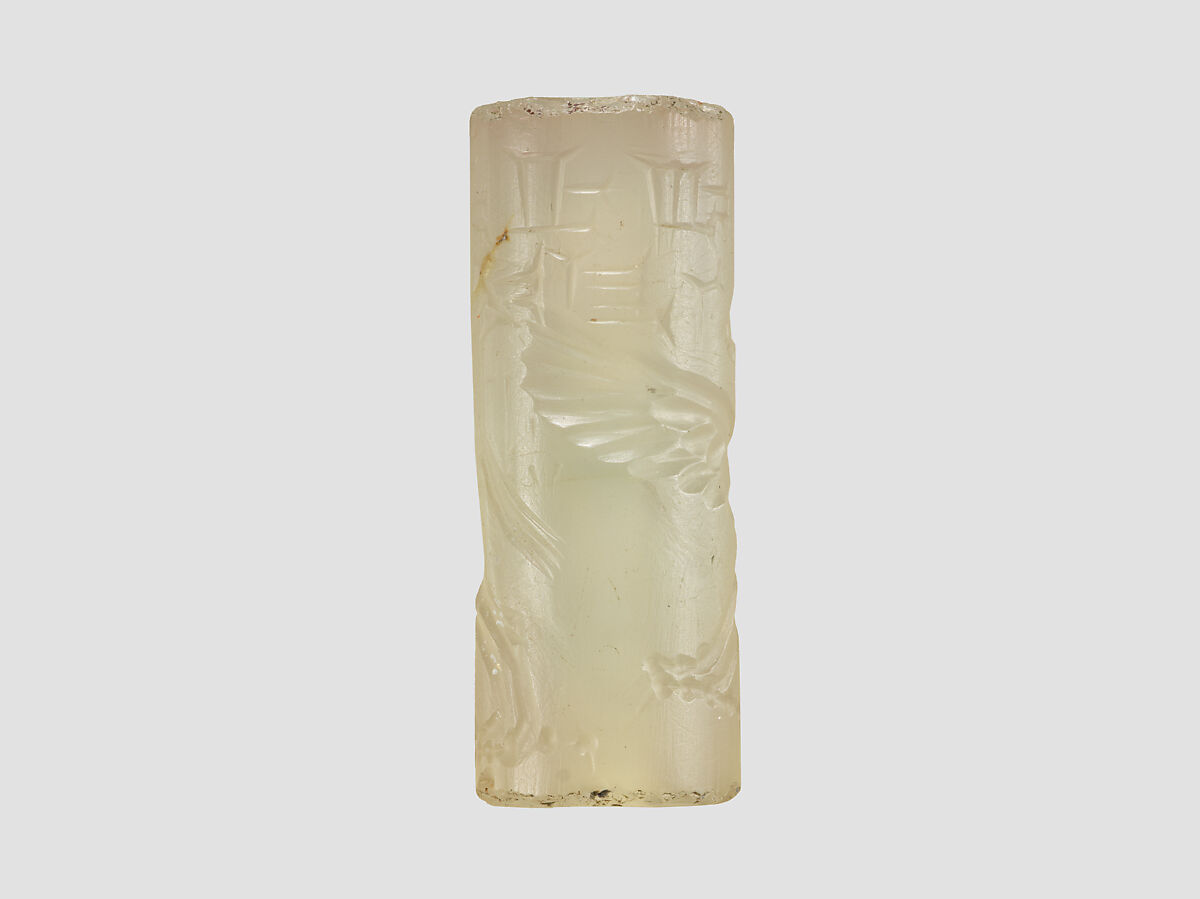 Cylinder seal and modern impression: winged horse with claws and horns, Chalcedony, Assyrian