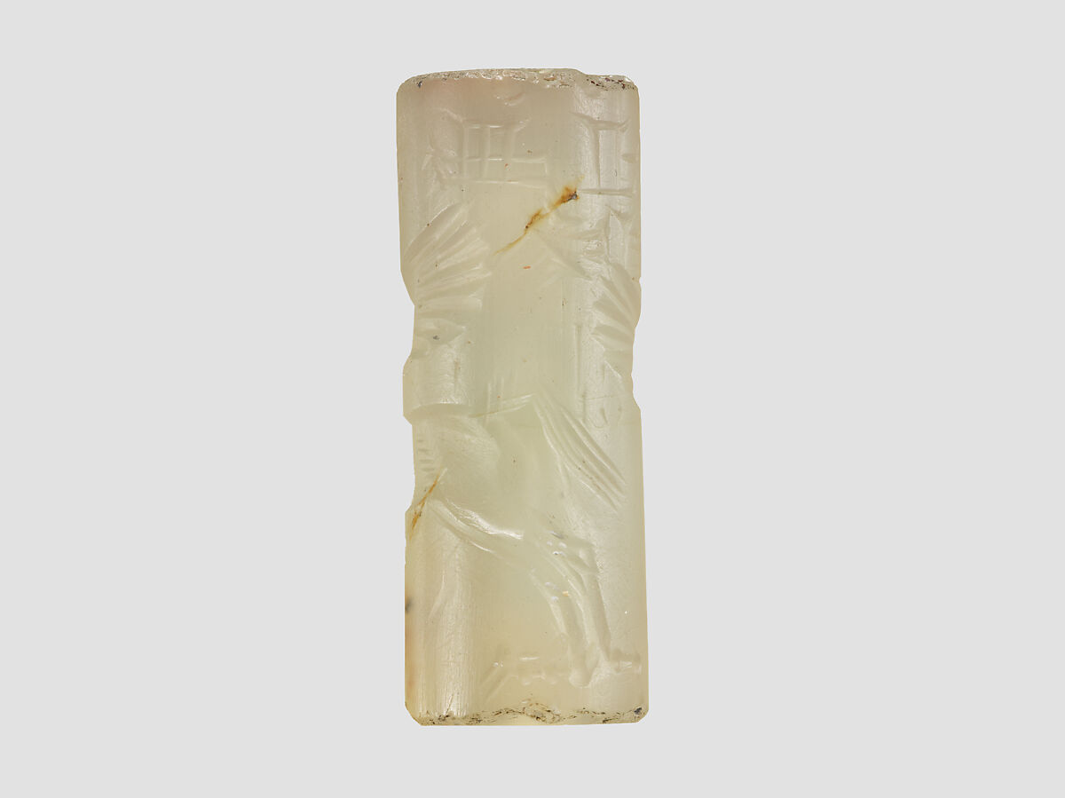 Cylinder seal and modern impression: winged horse with claws and horns, Chalcedony, Assyrian