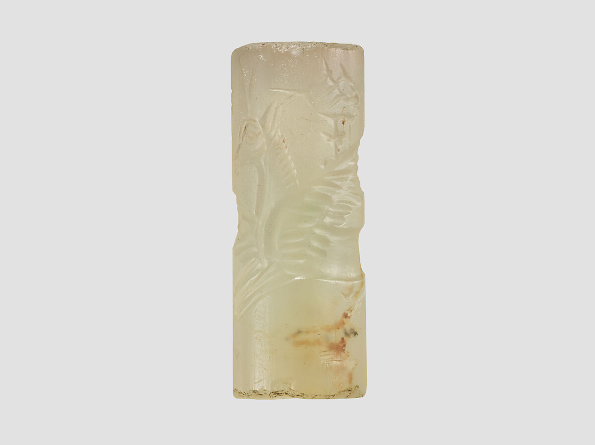 Cylinder seal and modern impression: winged horse with claws and horns, Chalcedony, Assyrian