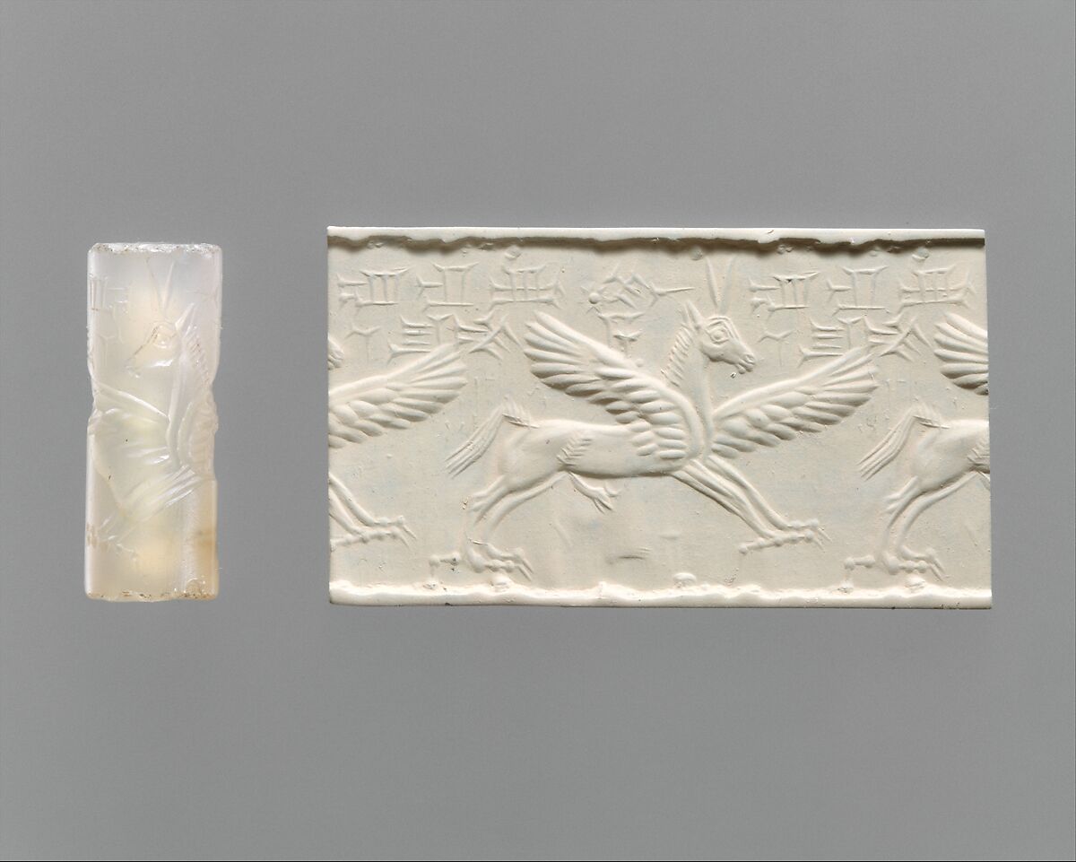 Cylinder seal and modern impression: winged horse with claws and horns, Chalcedony, Assyrian 