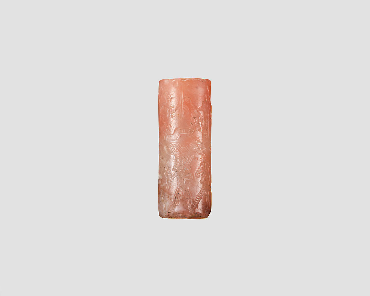 Cylinder seal with chariot war scene, Variegated and flawed pink and neutral Chalcedony (Quartz), Assyrian