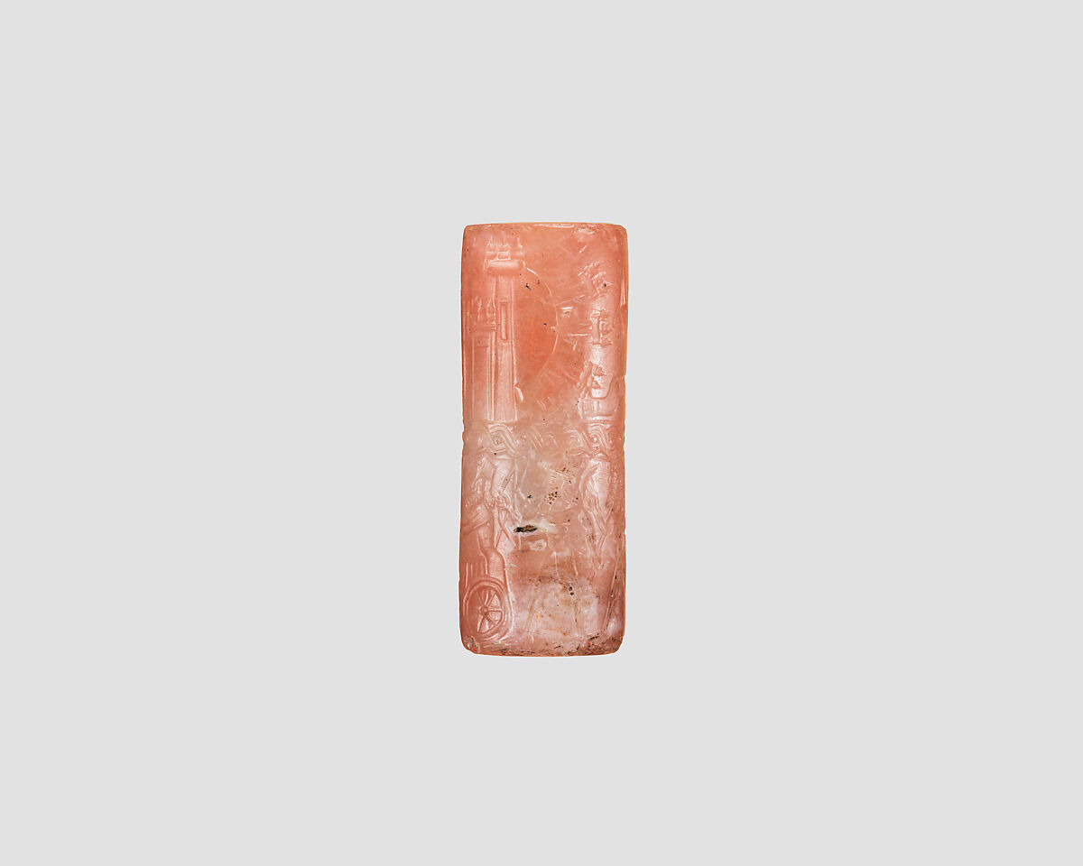 Cylinder seal with chariot war scene, Variegated and flawed pink and neutral Chalcedony (Quartz), Assyrian