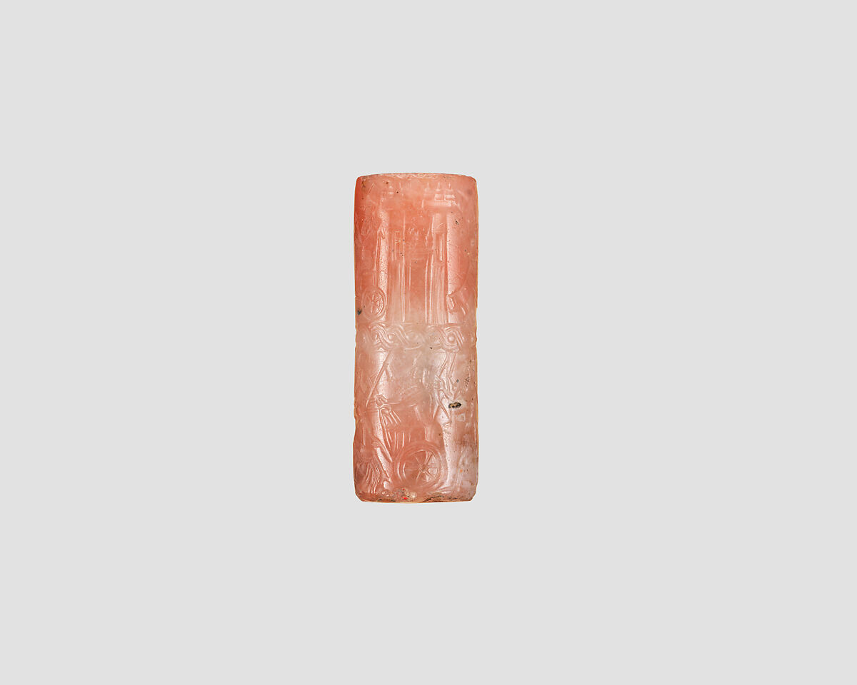 Cylinder seal with chariot war scene, Variegated and flawed pink and neutral Chalcedony (Quartz), Assyrian