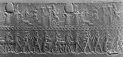 Cylinder seal with chariot war scene, Variegated and flawed pink and neutral Chalcedony (Quartz), Assyrian 