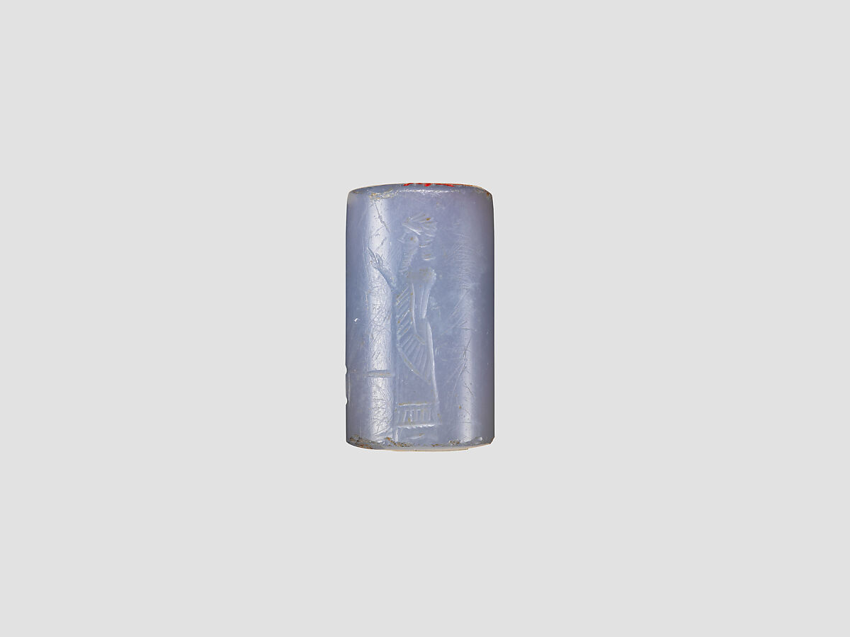 Cylinder seal with cultic scene, Blue Chalcedony (Quartz), Assyro-Babylonian
