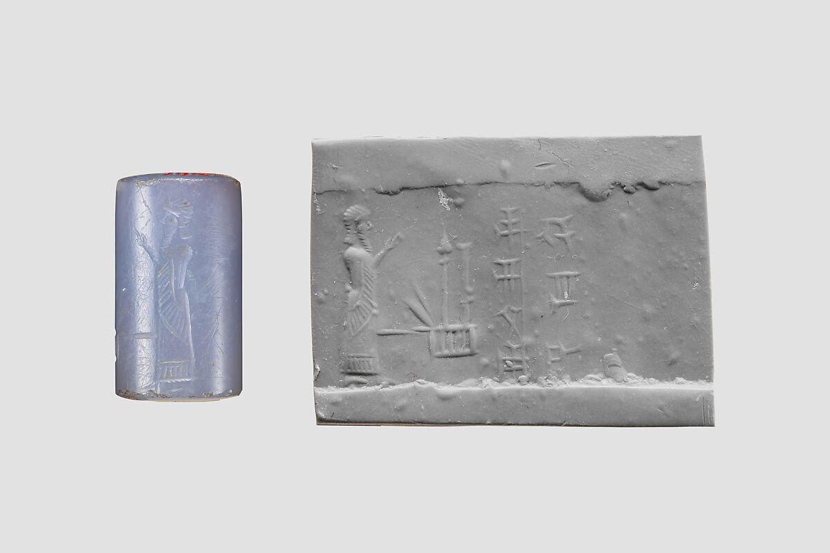 Cylinder seal with cultic scene, Blue Chalcedony (Quartz), Assyro-Babylonian 