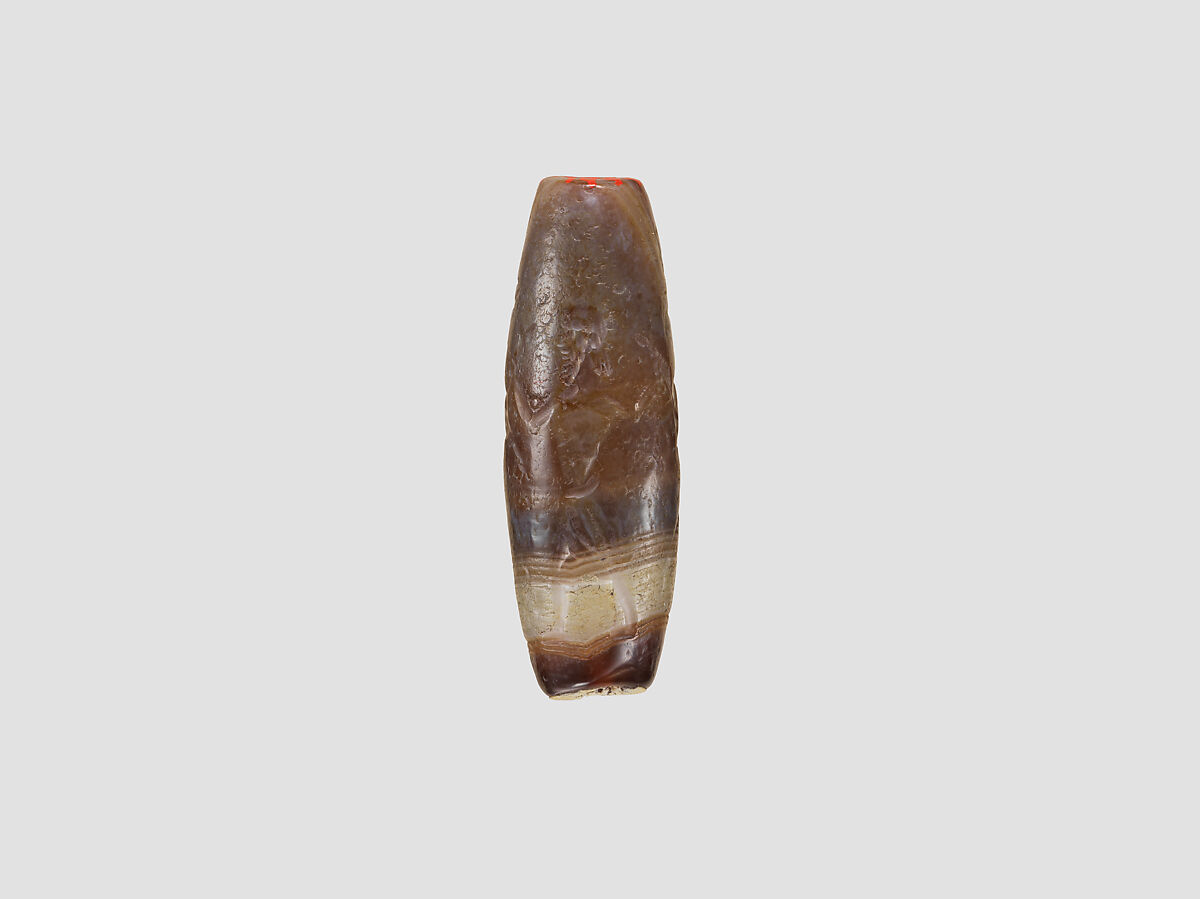 Cylinder seal with three-figure contest scene, Brown and white Agate (Quartz), Babylonian or Achaemenid