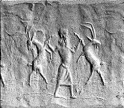 Cylinder seal with three-figure contest scene, Brown and white Agate (Quartz), Babylonian or Achaemenid 