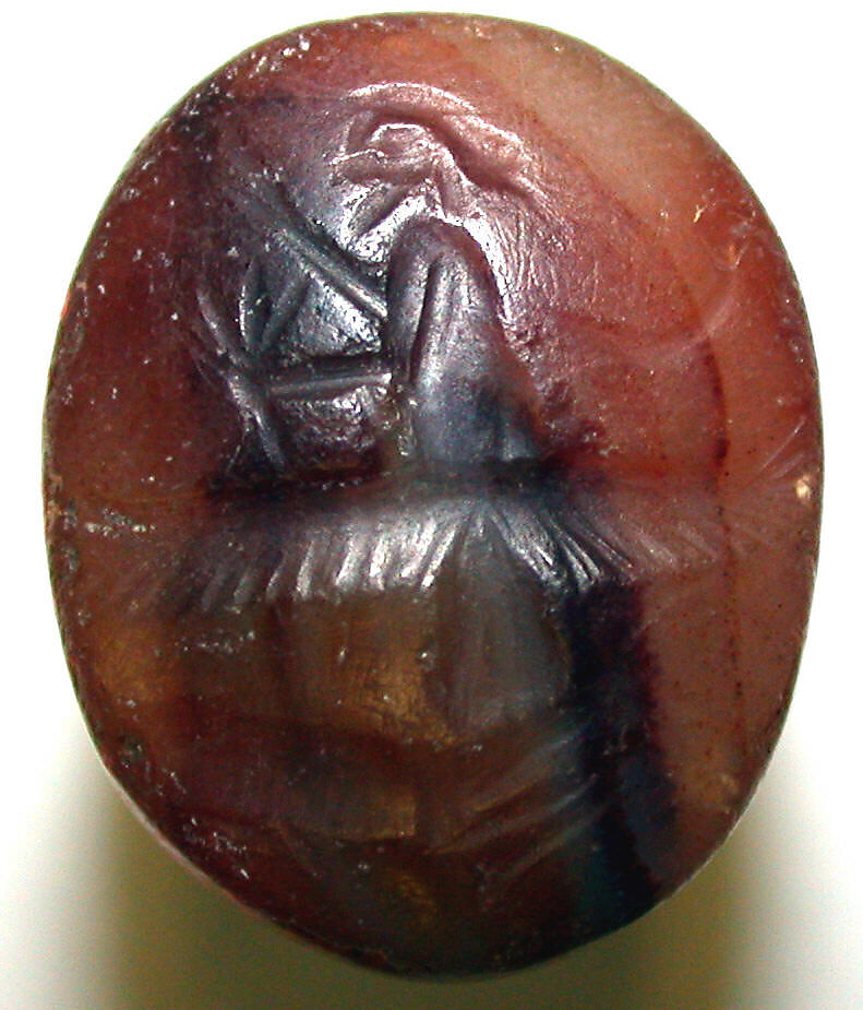 Stamp seal (oval conoid) with deity, Red and neutral Agate (Quartz), Assyrian or Achaemenid 