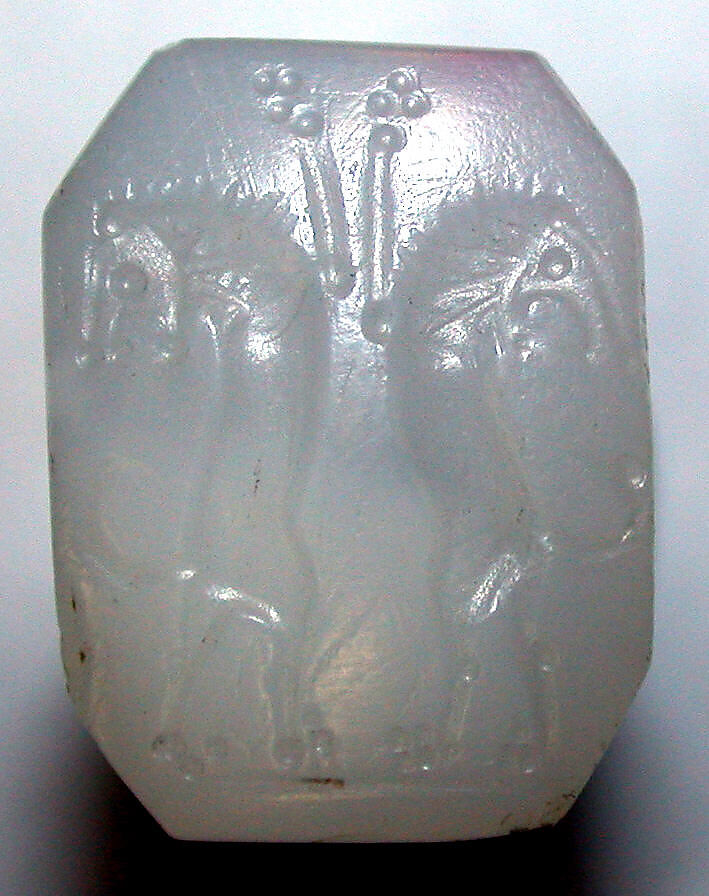 Stamp seal (octagonal pyramid) with animal contest, Banded and flawed neutral Chalcedony (Quartz), Achaemenid 