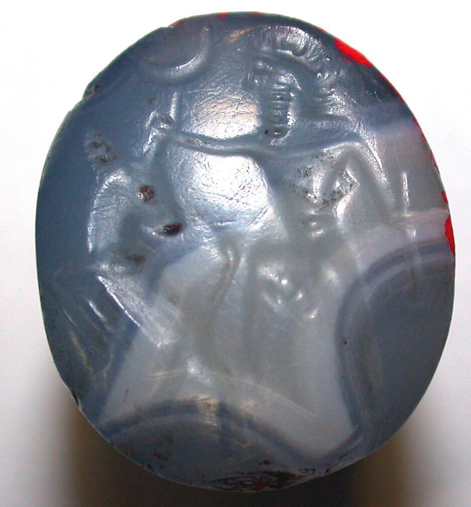 Stamp seal (oval conoid) with two-figure contest, Neutral and white Agate (Quartz), Babylonian 