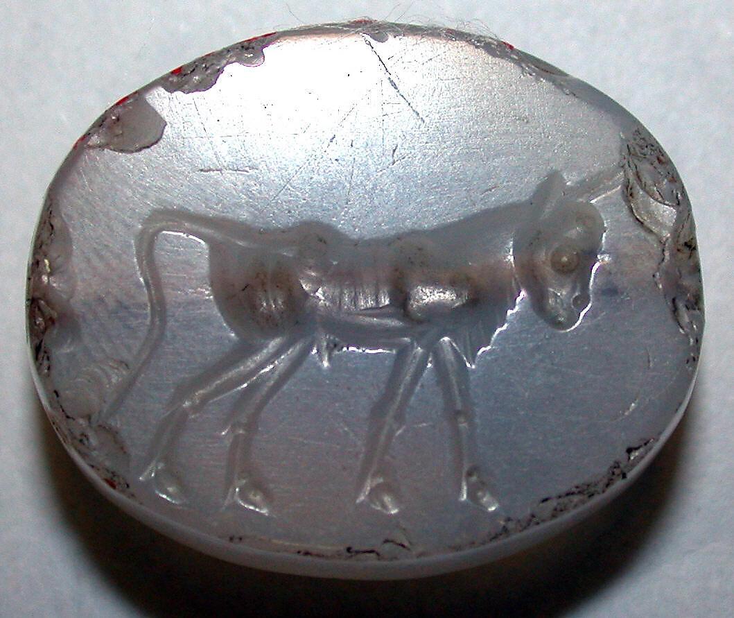 Stamp seal (scaraboid) with animal, Neutral Chalcedony (Quartz), Assyro-Babylonian or Achaemenid 