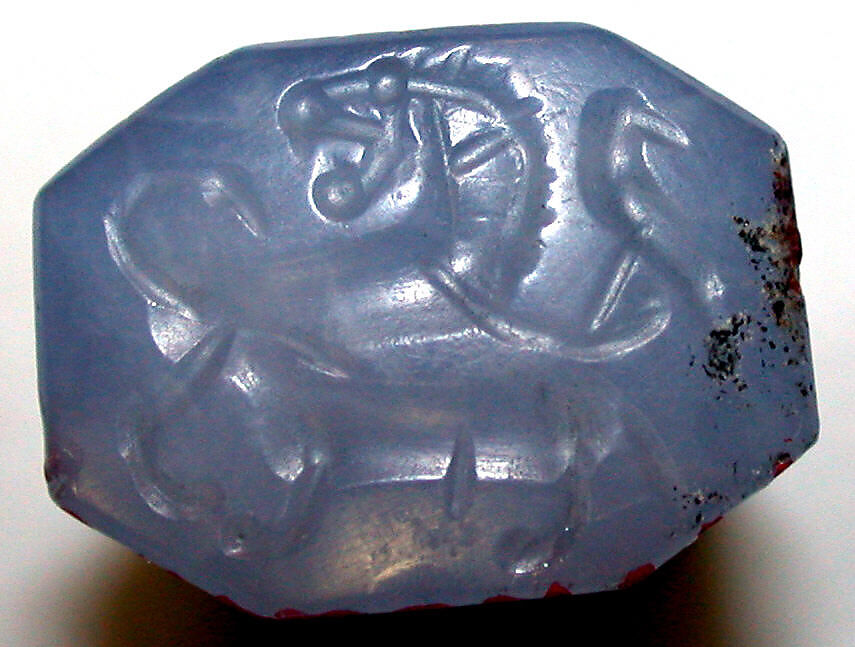 Stamp seal (octagonal pyramid) with animal contest, Blue Chalcedony (Quartz), Achaemenid 