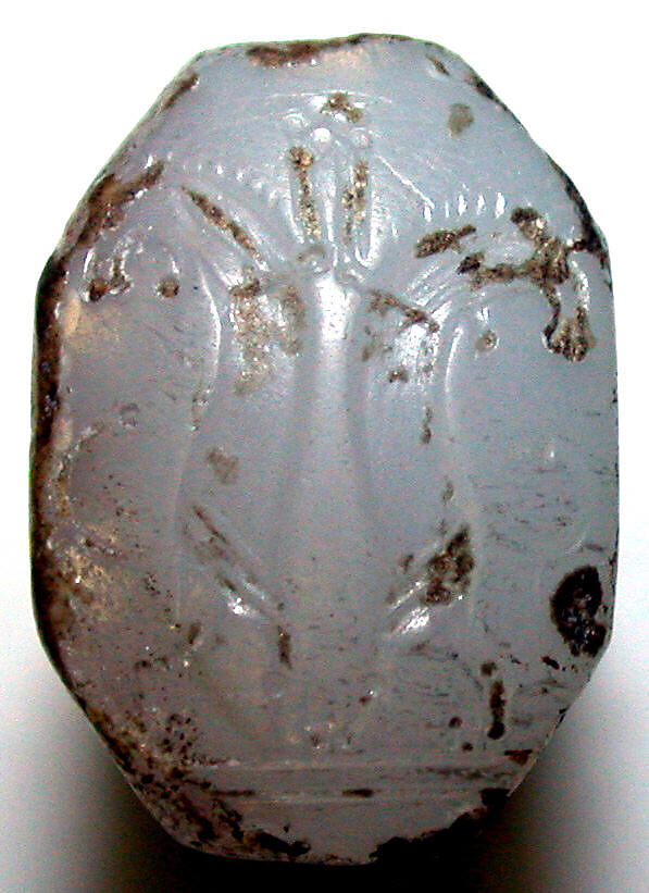 Stamp seal (octagonal pyramid) with animal contest, Neutral Chalcedony (Quartz), Achaemenid 