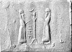 Cylinder seal with cultic scene, Mottled and flawed brown and white Chalcedony (Quartz), Assyro-Babylonian 