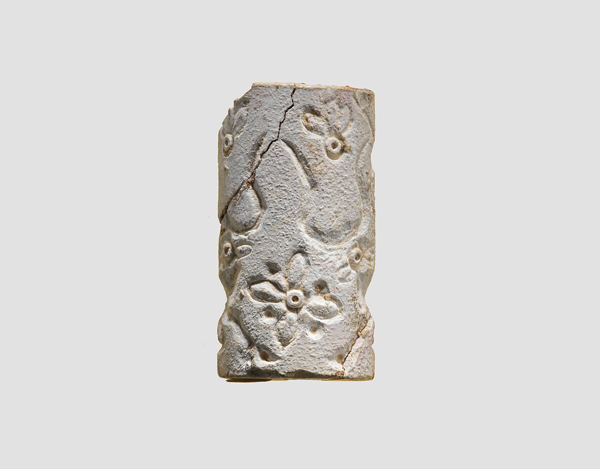 Cylinder seal and modern impression: two horned animals, rosettes, Clinoenstatite (sometimes referred to as "glazed steatite"), Proto-Elamite