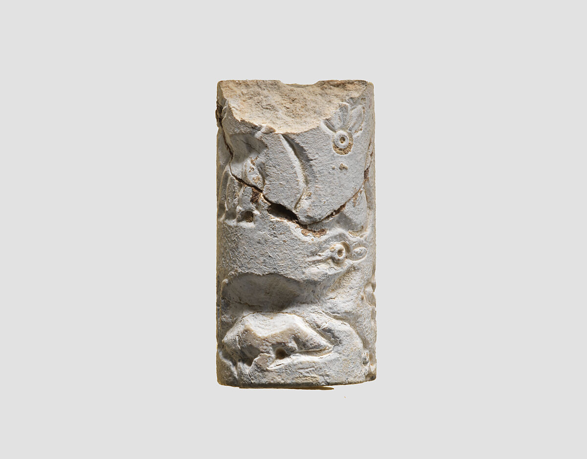 Cylinder seal and modern impression: two horned animals, rosettes, Clinoenstatite (sometimes referred to as "glazed steatite"), Proto-Elamite
