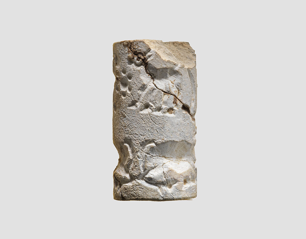 Cylinder seal and modern impression: two horned animals, rosettes, Clinoenstatite (sometimes referred to as "glazed steatite"), Proto-Elamite