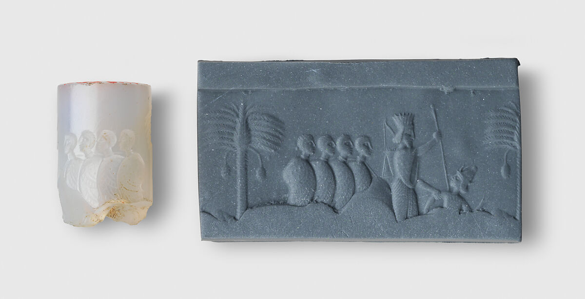 Cylinder seal and modern impression: battle scene with king, soldiers, enemy, Chalcedony, Achaemenid