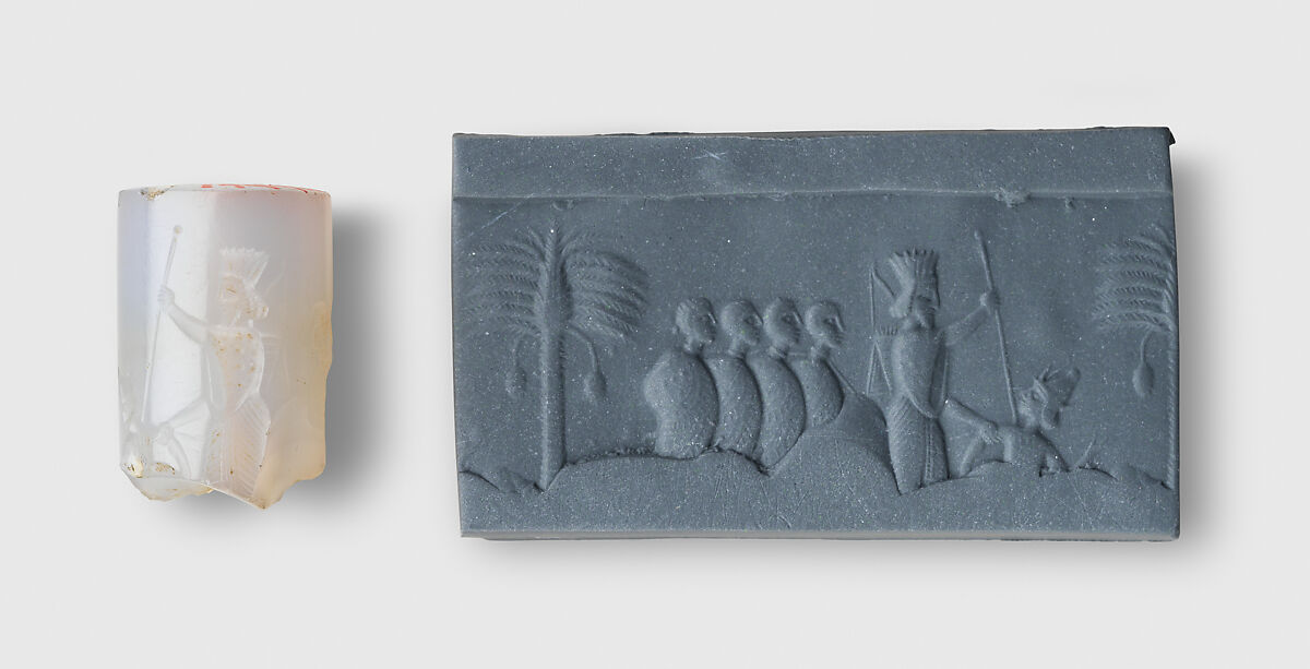 Cylinder seal and modern impression: battle scene with king, soldiers, enemy, Chalcedony, Achaemenid 