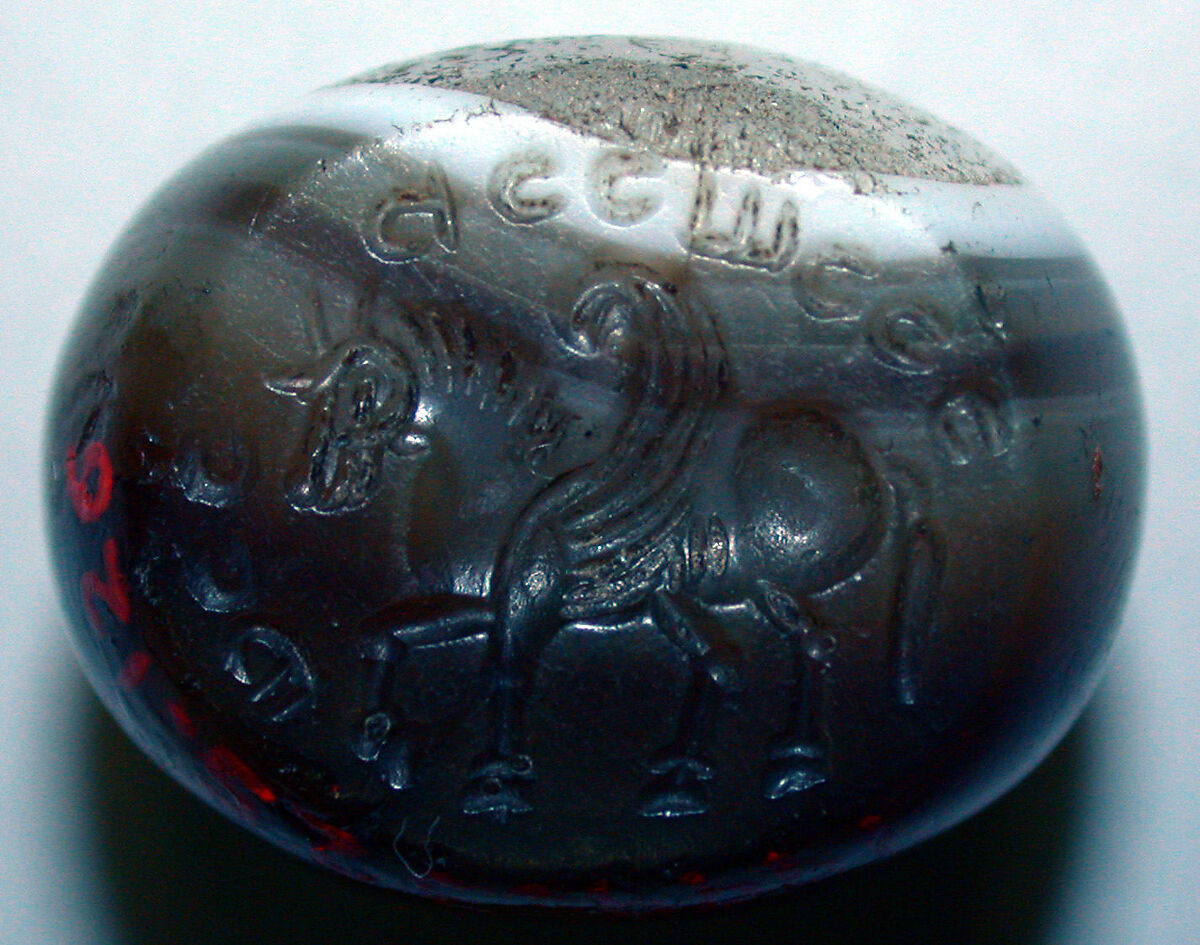 Stamp seal with Pahlavi inscription, Agate, banded, Sasanian 