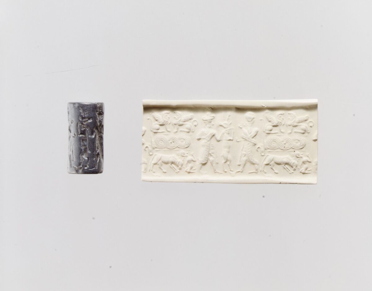 Cylinder seal and modern impression: deity, goat, and worshiper; terminal; sphinxes, guilloche, bull and leaper (?), Hematite 