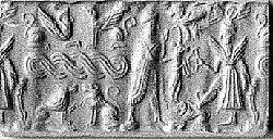 Cylinder seal and modern impression: offering bearer before winged deity; terminal: sphinxes, guilloche, lions, Hematite 